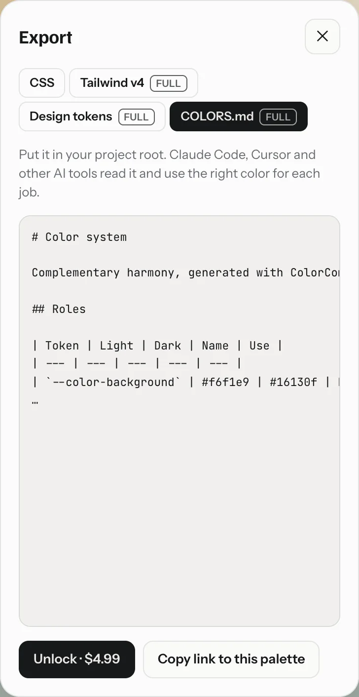 The export panel with COLORS.md selected. Tailwind, Design tokens and COLORS.md carry a Full badge, the code shows only a preview and the button says Unlock.