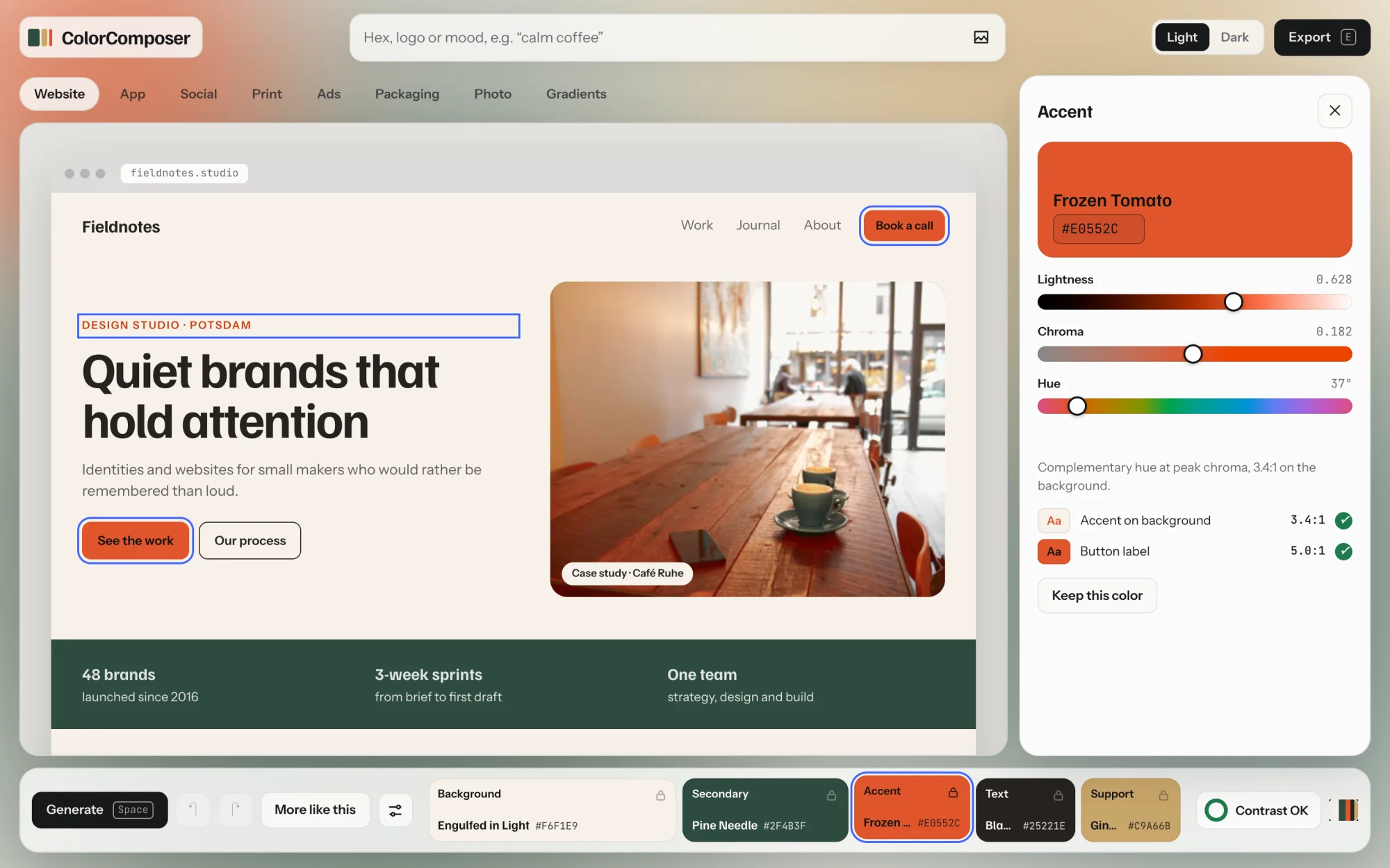 The editor panel for the accent: a large swatch with the color name and hex field, sliders for lightness, chroma and hue, and the contrast pairs for this role.