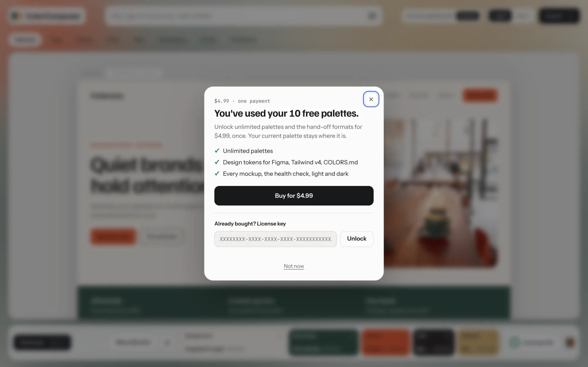 The unlock dialog: You've used your 10 free palettes, a buy button, and a field for an existing license key.