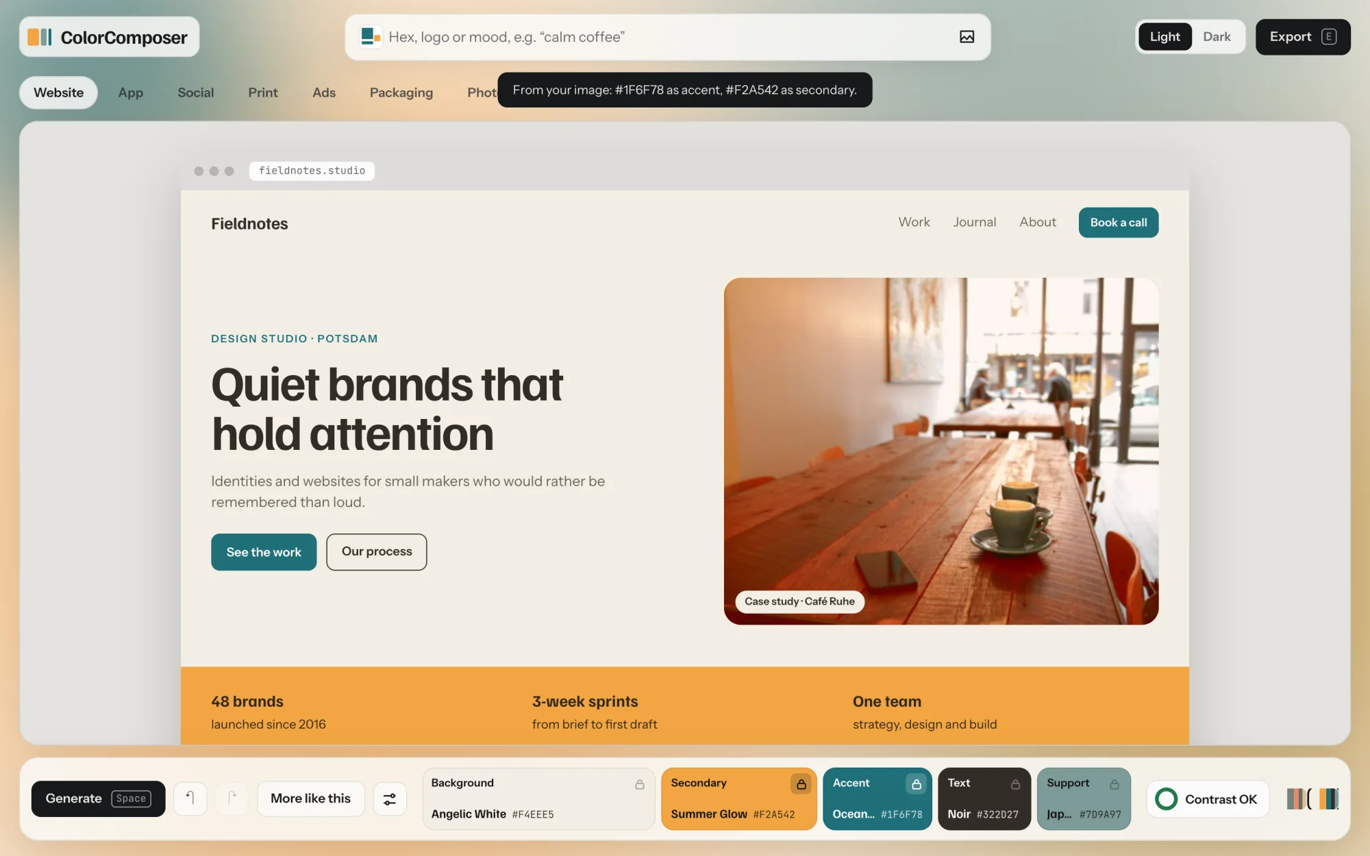 After uploading a teal and orange logo: the thumbnail shows in the input field, and a message says the teal became the accent and the orange the secondary.