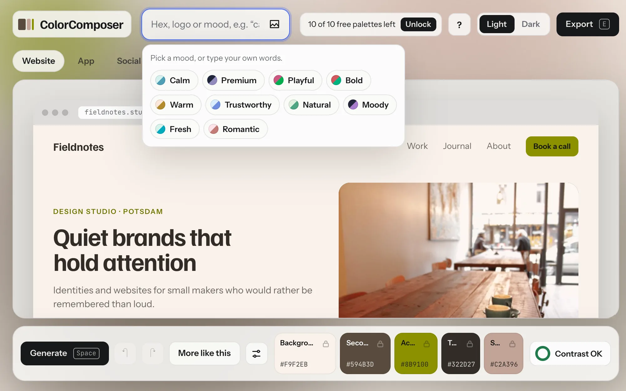 The empty input field is focused. Below it a panel says: Pick a mood, or type your own words. Ten chips follow, each with a two-tone dot: Calm, Premium, Playful, Bold, Warm, Trustworthy, Natural, Moody, Fresh, Romantic.