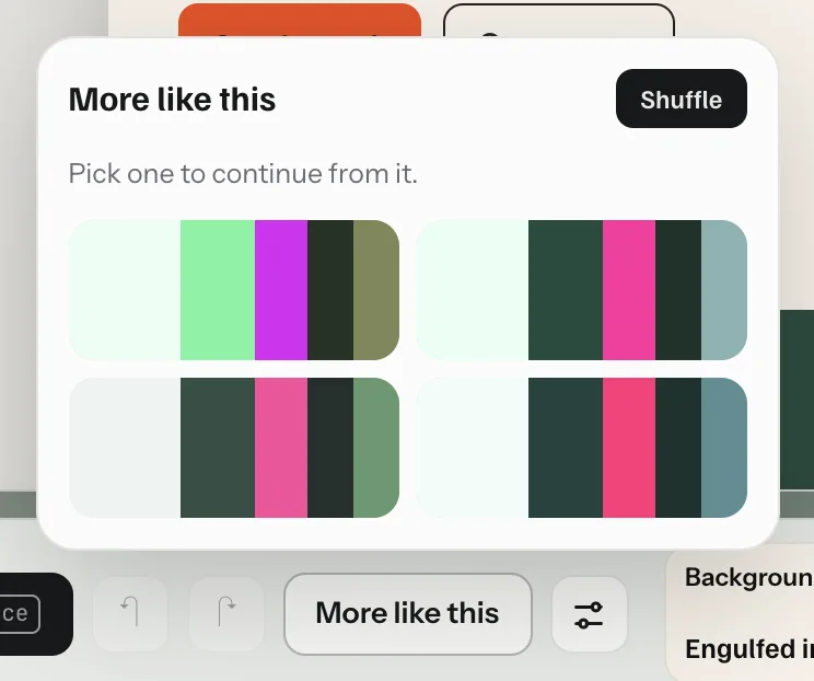 The More like this popup with four palette stripes and a Shuffle button.