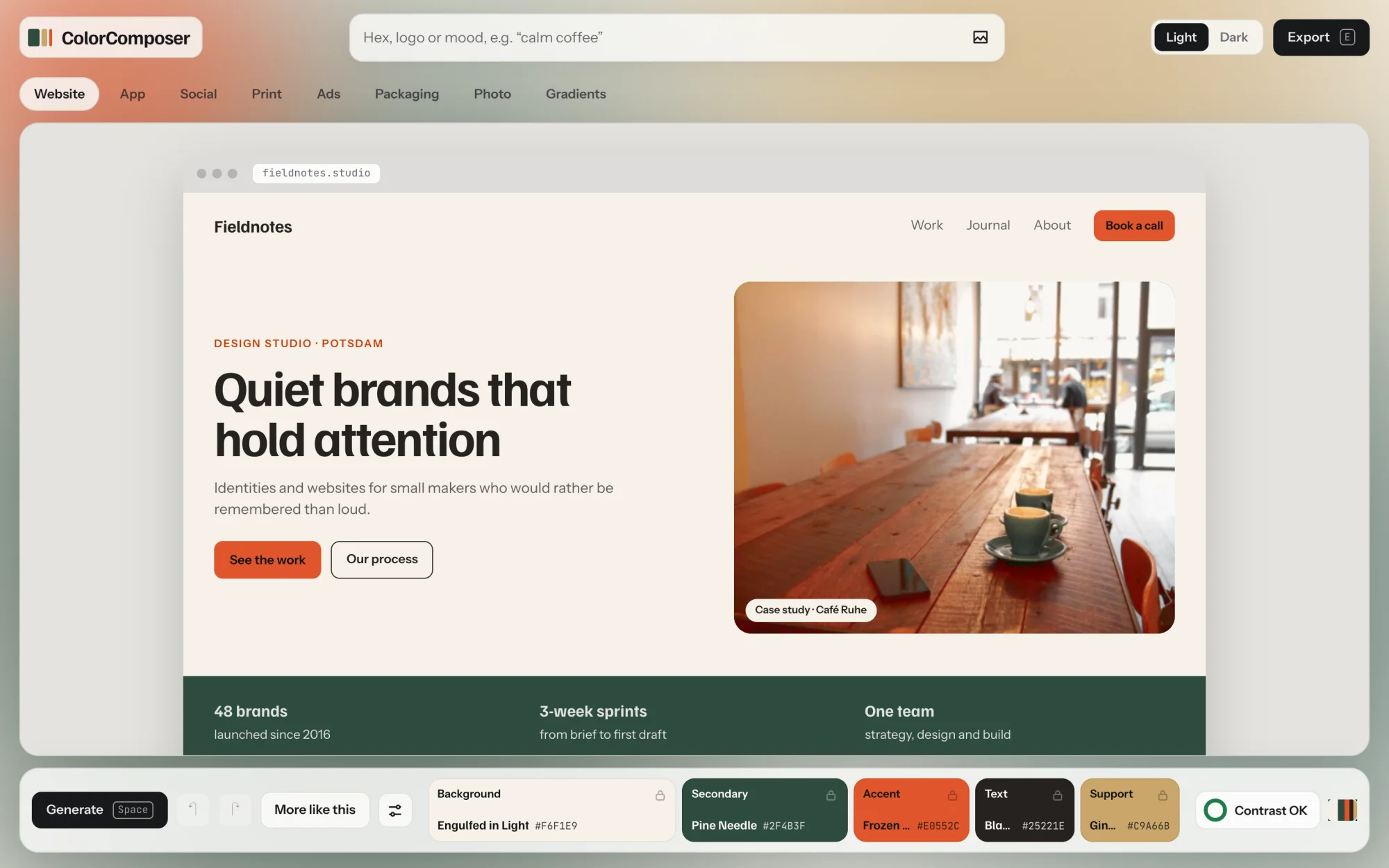 The ColorComposer tool: the input field at the top, mockup tabs below it, a website mockup in the middle and the dock with the five colors at the bottom.