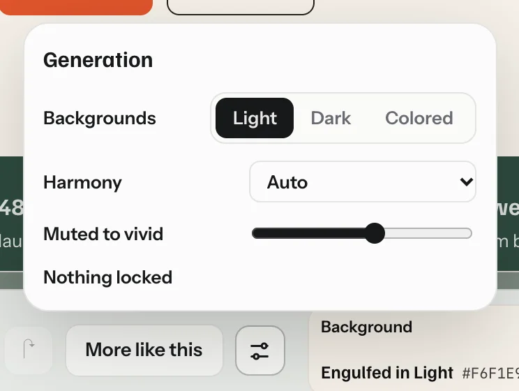 The generation settings: background type Light, Dark or Colored, a harmony menu set to Auto, a Muted to vivid slider and the list of locked colors.
